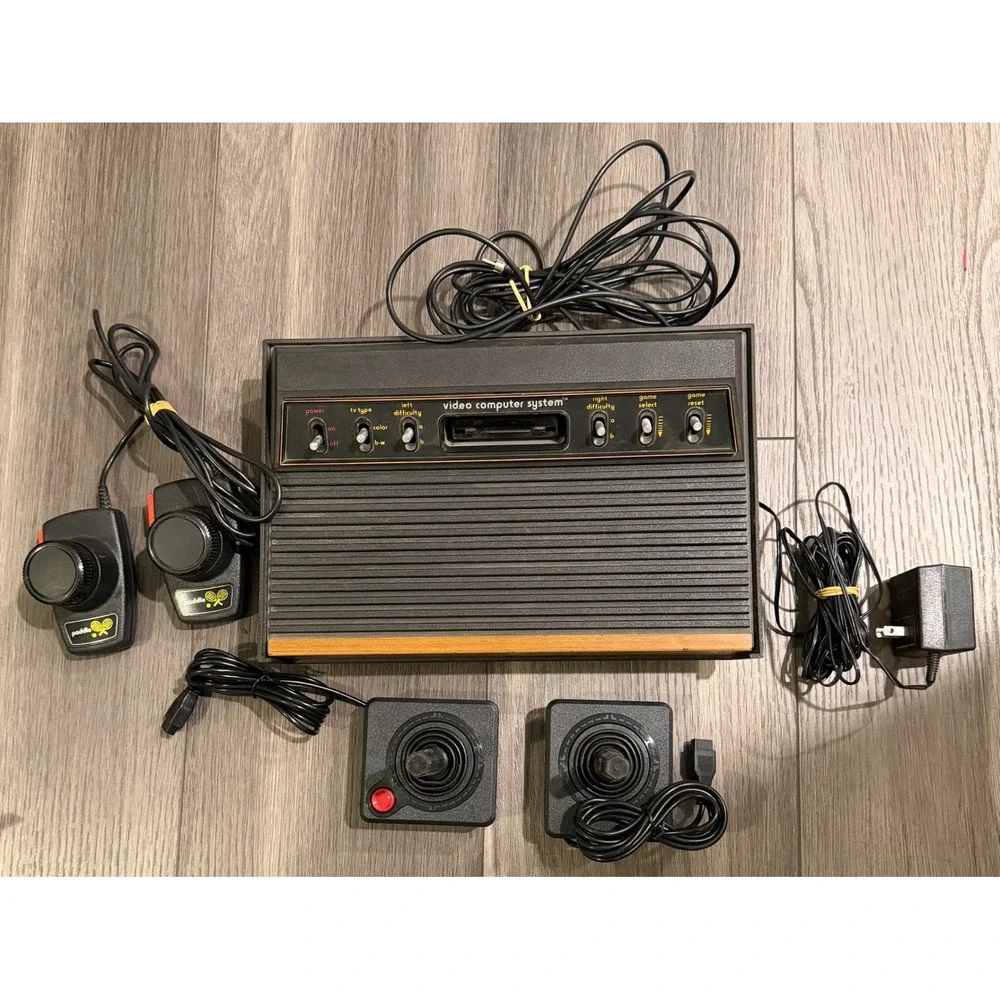 Atari 2600 VCS Console Woodgrain CX-2600 6-Switch Joysticks Paddles Power Bundle